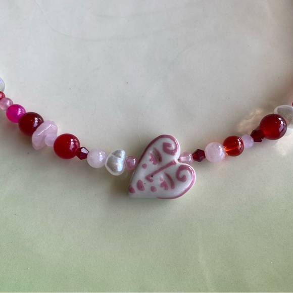 True Love Pink Red & White Beaded Necklace Ceramic Heart Face Pendant Pearl - Picture 4 of 13